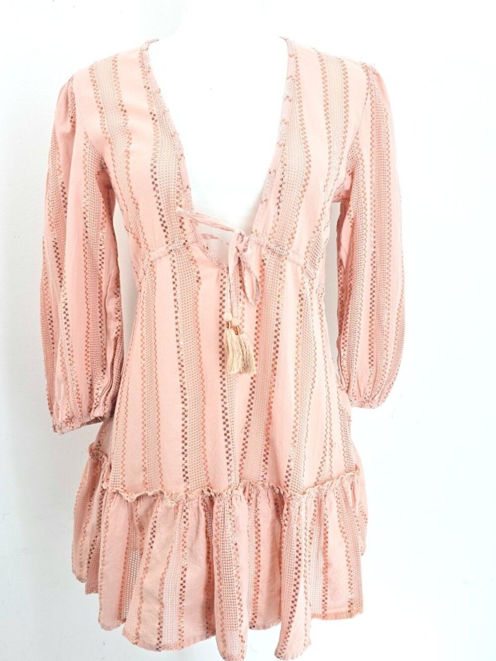 Blue Island Blush Pink Rose Gold Striped Tiered Swim Beach Cover Up Dress XS